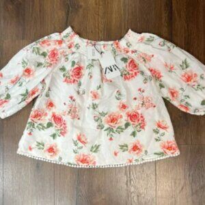 🆕 ZARA linen blend floral blouse SZ MED